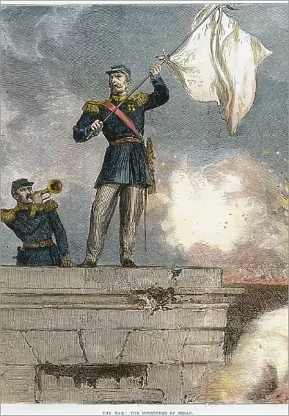 FRANCO-PRUSSIAN WAR, 1870. French General Lauriston waves the flag of truce from the gate of the fortified town of Sedan, 1 September 1870, during the Franco-Prussian War: wood engraving from a contemporary English newspaper