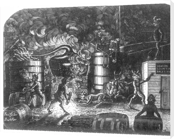 DISTILLERY, 1844. Demons at work in a distillery allegedly operated by church deacon Amos Giles of Salem, Massachusetts: wood engraving, 1844, from a reprint of a fictional polemic of 1835 by Salem minister George B. Cheever, for which a local deacon who owned a distillery had successfully sued for libel