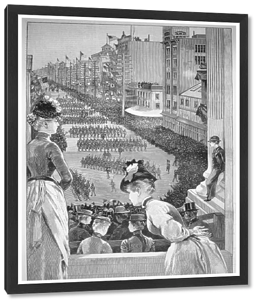 CONSTITUTION CENTENNIAL. Military parade passing the mayors stand outside City Hall, Philadelphia, Pennsylvania, during the celebration of the centennial of the signing of the United States Constitution, 16 September 1887. Line engraving from a contemporary American newspaper