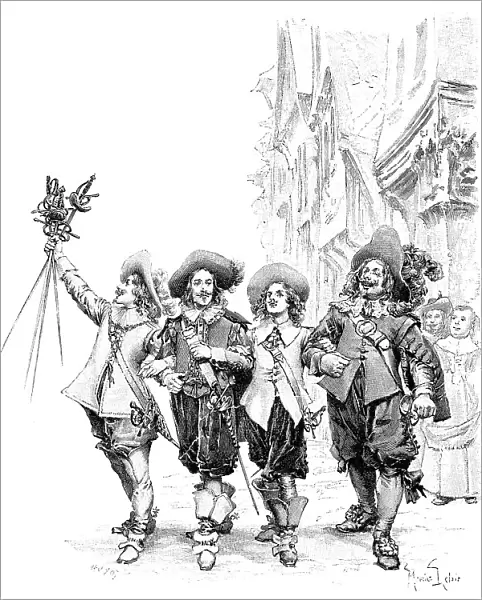 THREE MUSKETEERS. D Artagnan, Athos, Aramis, and Porthos. Illustration from a late 19th century edition, by Alexander Dumas pere