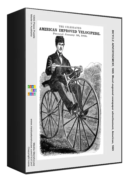 BICYCLE ADVERTISEMENT, 1869. Wood engraved newspaper advertisement, American, 1869