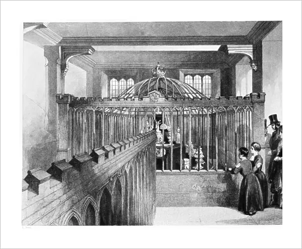 TOWER OF LONDON: MUSEUM. Sightseers admiring the regalia exhibited in a new display house for the crown jewels at the Tower of London. Wood engraving, English, 1841