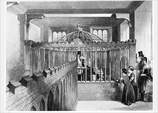 TOWER OF LONDON: MUSEUM. Sightseers admiring the regalia exhibited in a new display house for the crown jewels at the Tower of London. Wood engraving, English, 1841