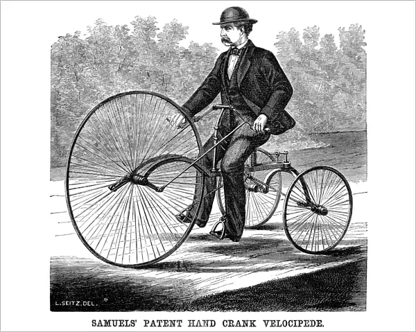 BICYCLING, 1869. Samuels patent hand crank velocipede. Wood engraving, American, 1869