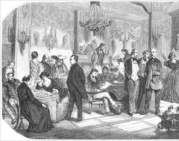 FRANCE: SPA SALON, 1856. The grand salon at the hotel and spa at Divonne, France. Wood engraving, French, 1856