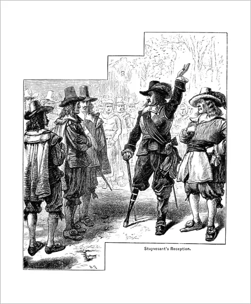 ARRIVAL OF STUYVESANT, 1647. The arrival of Peter Stuyvesant at New Amsterdam, 27 May 1647, following his appointment as governor of the colony of New Netherland. Wood engraving, American, 1878