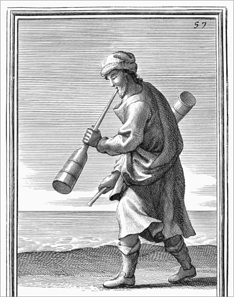 CHINESE TRUMPET, 1723. The Chinese trumpet, a slender tube inserted in a large cylinder of iron, copper, or copper-covered wood. Copper engraving, 1723, by Arnold van Westerhout