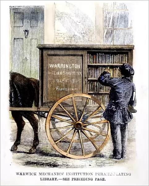 BOOKMOBILE, 1860. A perambulating library sponsored by the Warrington Mechanics Institution, Lancashire, England. Wood engraving, English, 1860