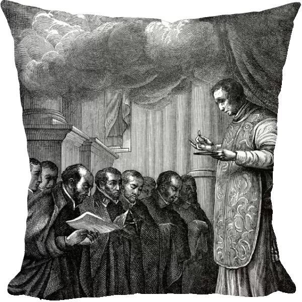 ST. IGNATIUS LOYOLA (1491-1556). Spanish soldier and ecclesiastic. St. Ignatius and his companions at Paris, France, taking vows of poverty and chastity in the Church of Montmartre on the Day of the Assumption, 1534. Line engraving after a painting, 17th century, from the school of Simon Vouet