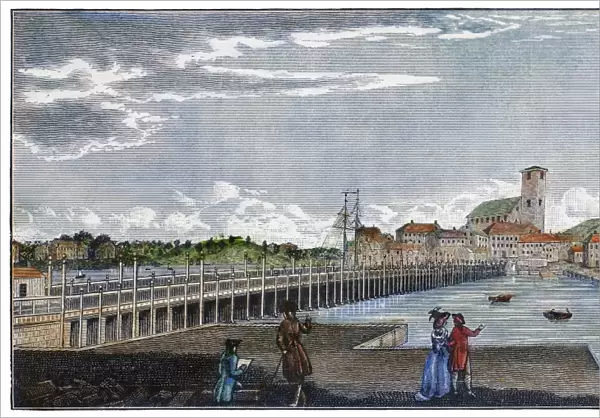 BOSTON: CHARLES RIVER, 1789. View of the Charles River Bridge, Boston, Massachusetts (with Charlestown in the background), which was 1, 503 feet long and 43 feet wide when completed and opened to the public on 17 June 1786. Wood engraving after a copper engraving of 1789