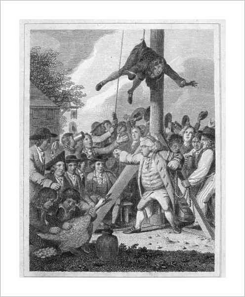 STAMP ACT, 1765. Stamp agent strung up on a Liberty Pole during an anti-Stamp Act demonstration in the American colonies in 1765. Line engraving by Elkanah Tisdale, c1820, from an edition of John Trumbulls M Fingal, first published in 1775