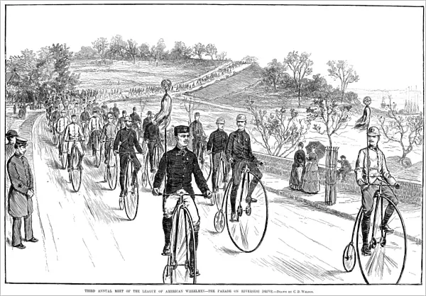 BICYCLE MEET, 1883. Third Annual Meet of the League of American Wheelmen - the Parade on Riverside Drive, New York. Line engraving, 1883, after C. D. Weldon