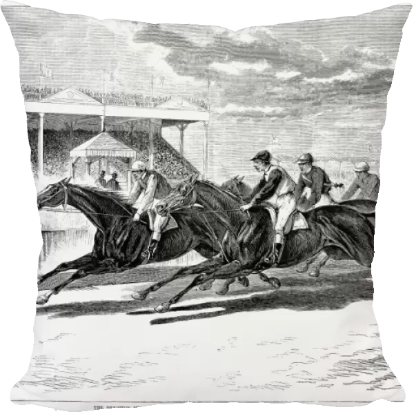 HORSE RACING, 1879. Horce racing at the Brighton Beach Fair Grounds at Coney Island in Brooklyn, New York. Line engraving, American, 1879, after a drawing by Paul Frenzeny