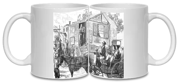 ITINERANT PHOTOGRAPHER. Photographing a party in their carriage at a small American town. Wood engraving after Thomas Worth, 1871