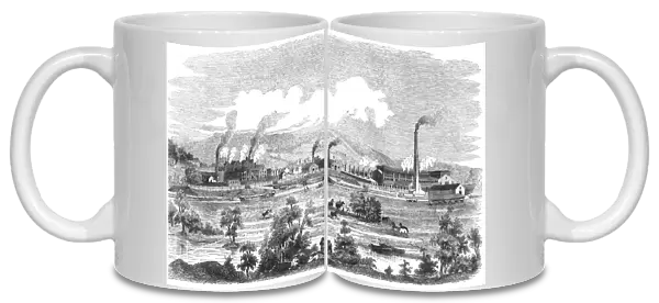 IRON WORKS, 1855. The Montour Iron Works on the Pennsylvania Canal at Danville, Pennsylvania. Wood engraving, 1855
