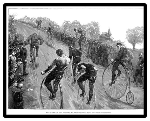 BOSTON: BICYCLE RACE, 1886. Annual Meet of the Wheelmen at Boston - Climbing Corey Hill. Line engraving after Henry Sandham, 1886