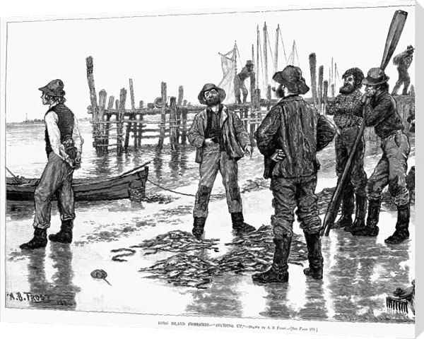 FISHERMEN ON SHORE, 1884. Long Island Fishermen - Dividing Up. Wood engraving, American, after Arthur Burdett Frost, 1884