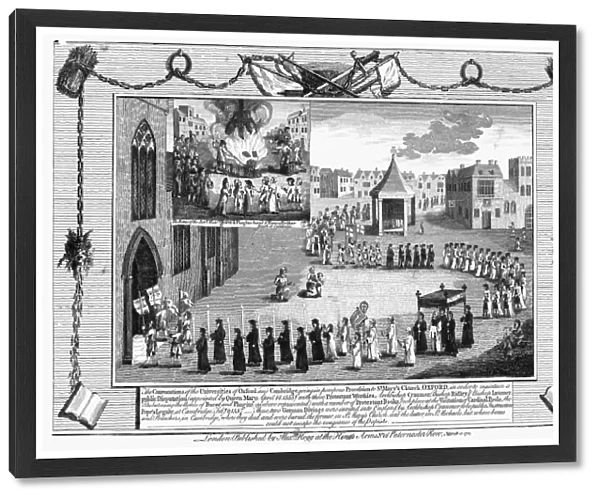 OXFORD MARTYRS, 1556. Procession in Oxford, England, of Queen Marys representatives, meeting to interrogate the Protestant bishops Thomas Cranmer, Nicholas Ridley and Hugh Latimer, April 1555. Copper engraving from a late 18th century edition of John Foxes The Book of Martyrs, first published in 1563