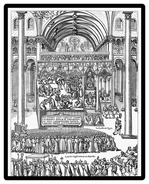 EXORCISM, 1566. The exorcism of Nicole Aubry by a bishop at the cathedral of Notre-Dame of Laon, France, c1566. Copy of an engraving by Jean Boulaese, 1575