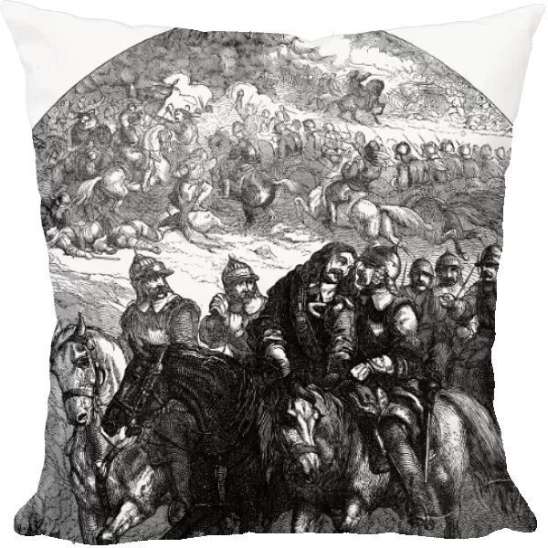 CHALGROVE FIELD, 1643. Parliamentary leader John Hampden mortally wounded at the Battle of Chalgrove Field, 18 June 1643. Wood engraving, English, c1860