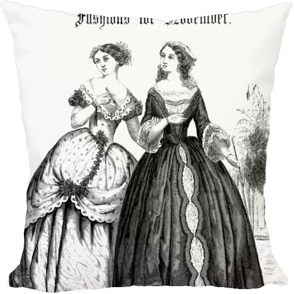 WOMENs FASHION, 1851. Ball and Dinner Costumes. Wood engraving from an American magazine of 1851