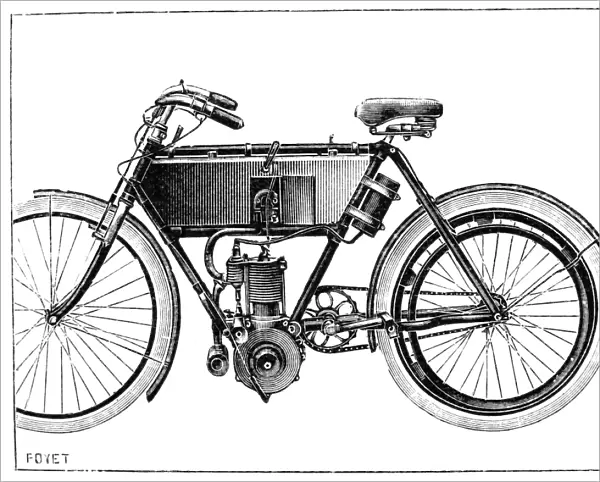 MOTORCYCLE, 1904. Design by Werner. Line engraving, French, 1904