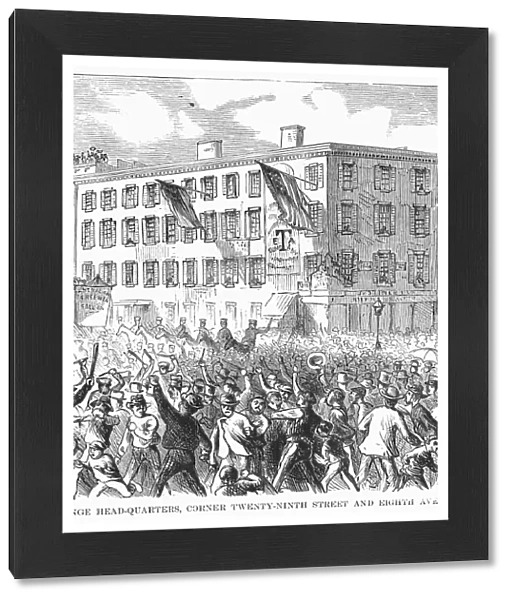 NEW YORK: RIOT, 1871. Orange Headquarters, a Protestant organization at Twenty-Ninth Street and Eighth Avenue, New York, during the Tammany Riots, 12 July 1871. Contemporary wood engraving