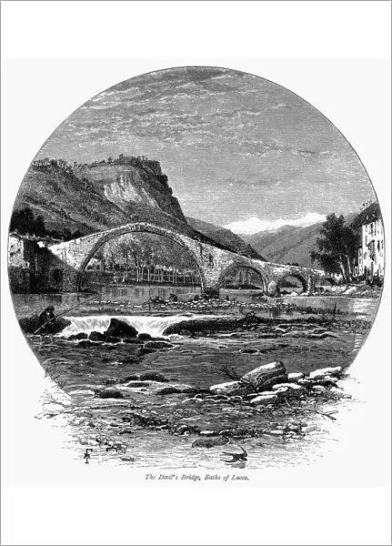 ITALY: BAGNI di LUCCA, c1875. View of the Devils Bridge at Bagni di Lucca, on the Lima River in the north of Tuscany, Italy. Wood engraving, c1875, after Harry Fenn
