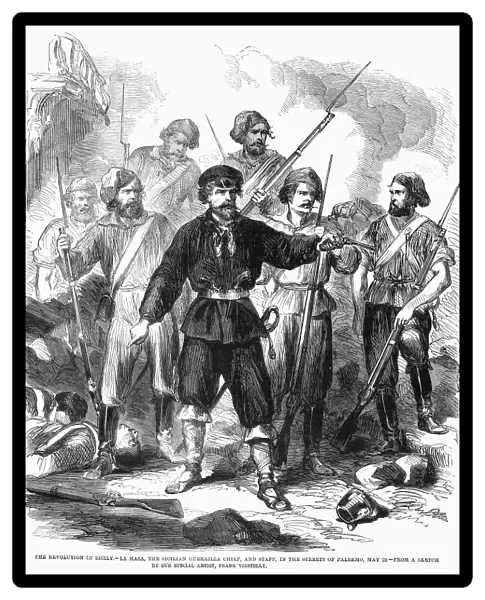 SICILY: GUERRILLAS, 1860. La Masa, the Sicilian guerrilla leader, and his staff, in the streets of Palermo, Italy. Wood engraving, 1860