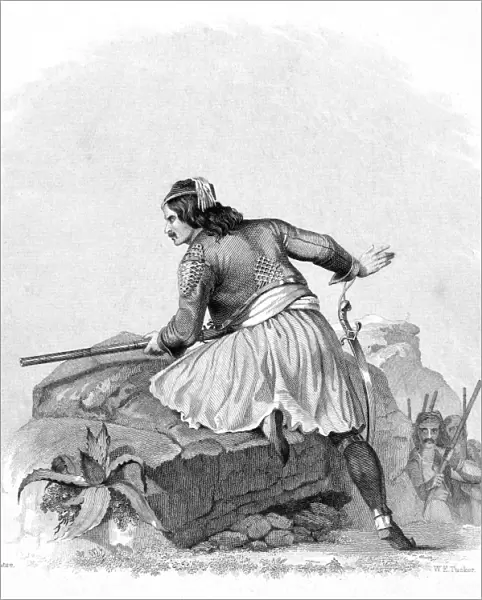 GREEK SOLDIER, 1820s. A Greek partisan fighting for independence against the Turks in the 1820s. Steel engraving, American, c1850, after Emanuel Leutze