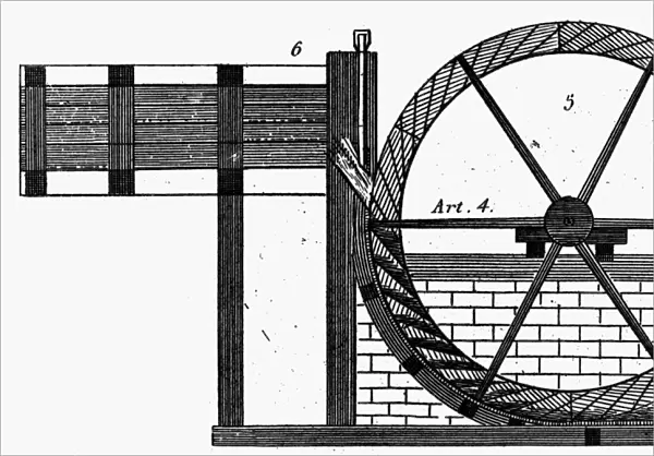 WATER WHEEL. Breastshot water wheel. Engraving from Oliver Evans The Young Millwright and Millers Guide