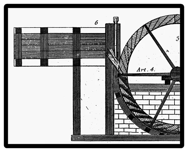 WATER WHEEL. Breastshot water wheel. Engraving from Oliver Evans The Young Millwright and Millers Guide