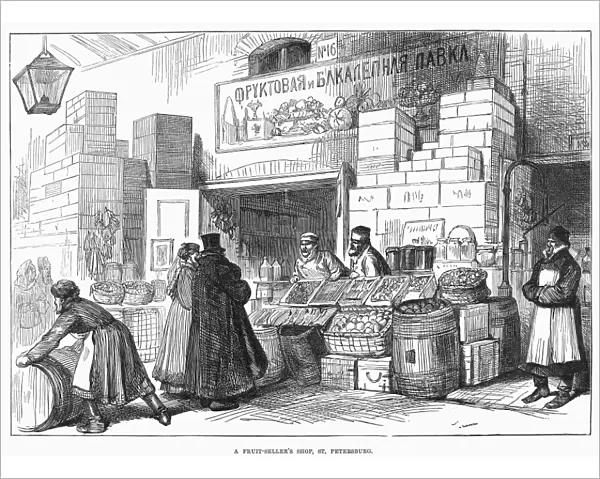 RUSSIA: FRUIT SHOP, 1874. A Fruit-Sellers Shop, St. Petersburg. Wood engraving from an English newspaper of 1874