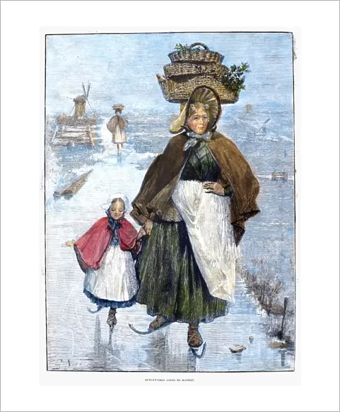 HOLLAND: SKATING, 1891. Dutch woman and girl skating on a frozen canal on their way to market. Wood engraving, English, 1891