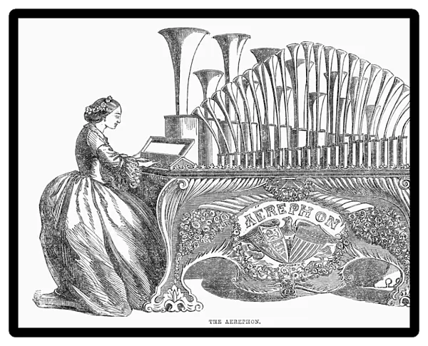 AEROPHONE, 1860. An aerophone, or steam organ. Wood engraving, English, 1860