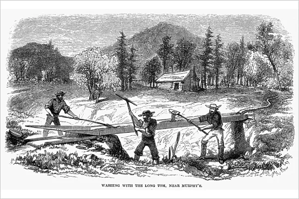 CALIFORNIA GOLD RUSH. Washing with the long tom. Wood engraving, 1860
