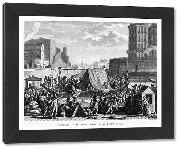 FRENCH REVOLUTION, 1789. Unloading gunpowder at a port in Saint Paul, 6 August 1789. Contemporary French engraving by Jean-Louis Prieur