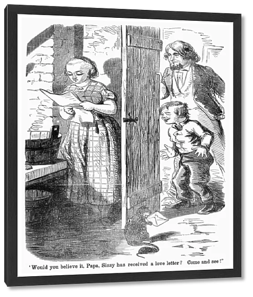 LOVE LETTER, c1876. Would you believe it, Papa, Sissy has received a love letter? Come and see. Wood engraving, American, c1876