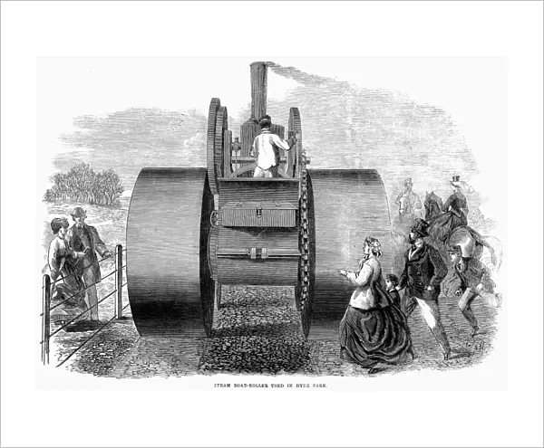LONDON: STEAMROLLER, 1866. Steam road-roller used in Hyde Park, London, England. Wood engraving, 1866