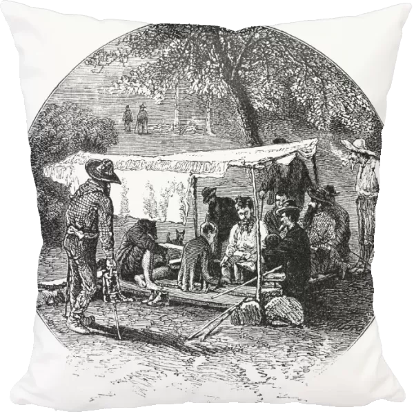 ARKANSAS: HOT SPRINGS, 1878. Poor bathers soaking their feet in the corn hole, on Hot Springs Mountain, Arkansas