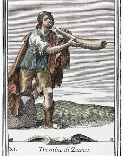 MARROW TRUMPET, 1723. A marrow trumpet, made from a scooped out marrow (squash) into which is inserted a single-reed tube. Copper engraving, 1723, by Arnold van Westerhout
