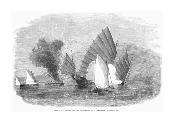 CHINESE PIRATES, 1855. Gunboats from the British ship HMS Racehorse attack and run aground a Chinese pirate ship in Pinghai Bay, China, 4 July 1853, killing nearly all onboard. Wood engraving from a contemporary English newspaper
