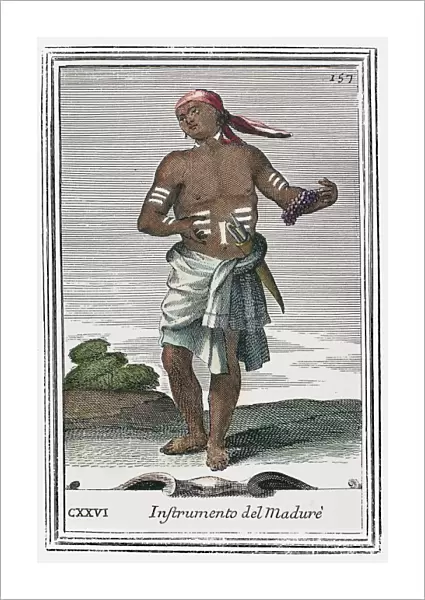INDIAN PERCUSSIVE RATTLE. A rattle from India made of metal jingles in the shape of a crown. Copper engraving, 1723, by Arnold van Westerhout