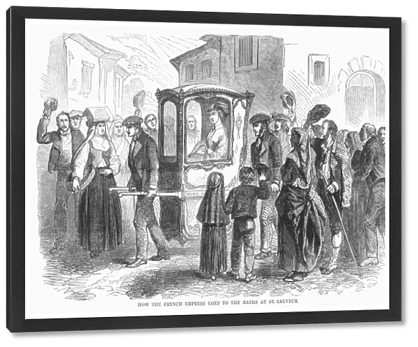 SEDAN CHAIR, 1859. Eugenie, Empress of the French, is carried to the thermal baths at St. Sauveur in the French Pyrenees. Wood engraving, American, 1859