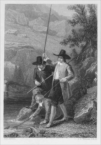 ABSOLON: FISHERMEN. Landing the Grayling. Line engraving after a painting by John Absolon, mid 19th century