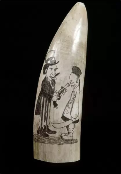 BOXER REBELLION, c1900. Whale tooth engraved with a cartoon of the Boxer Rebellion, by an unknown American artist, c1900. Height: 7 inches