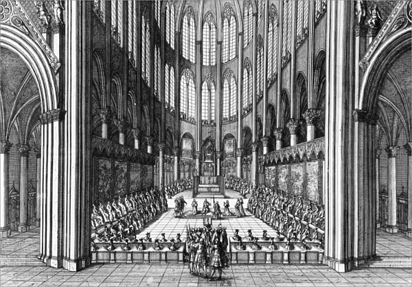 LOUIS XIV (1638-1715). King of France, 1643-1715. Te Deum service to honor the marriage of King Louis XIV and Maria Theresa of Spain, held at Notre Dame Cathedral, 1660. Engraving by Marot, c1660
