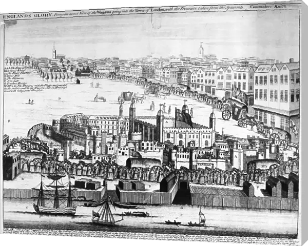 TOWER OF LONDON, 1740s. The arrival at the Tower of London of wagons with treasures captured from Spanish ships, c1740. Contemporary English line engraving