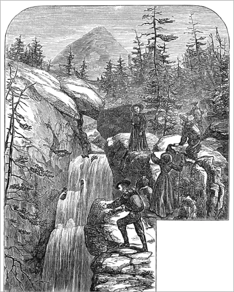 COLORADO: PIKEs PEAK, 1867. An intrepid group scaling Pikes Peak in the Rocky Mountains in Colorado. Wood engraving, American, 1867