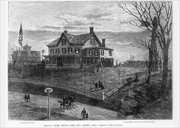 THOMAS EDISON RESIDENCE. Edisons complex with house, laboratory, office and machine shop, Menlo Park, New Jersey. Wood engraving, 1880
